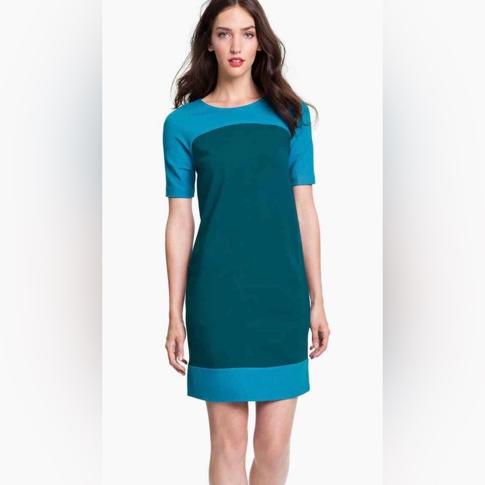 Kate Spade Racquel Short Sleeve Color Block Shift Dress 4 Blue Teal Short Sleeve